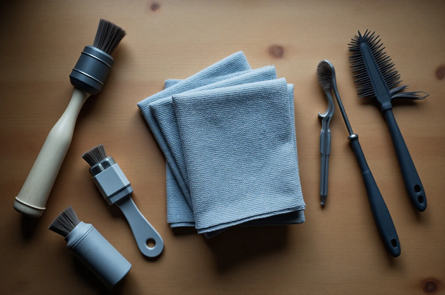 Cloths, brushes and a torch on a workbench, from above